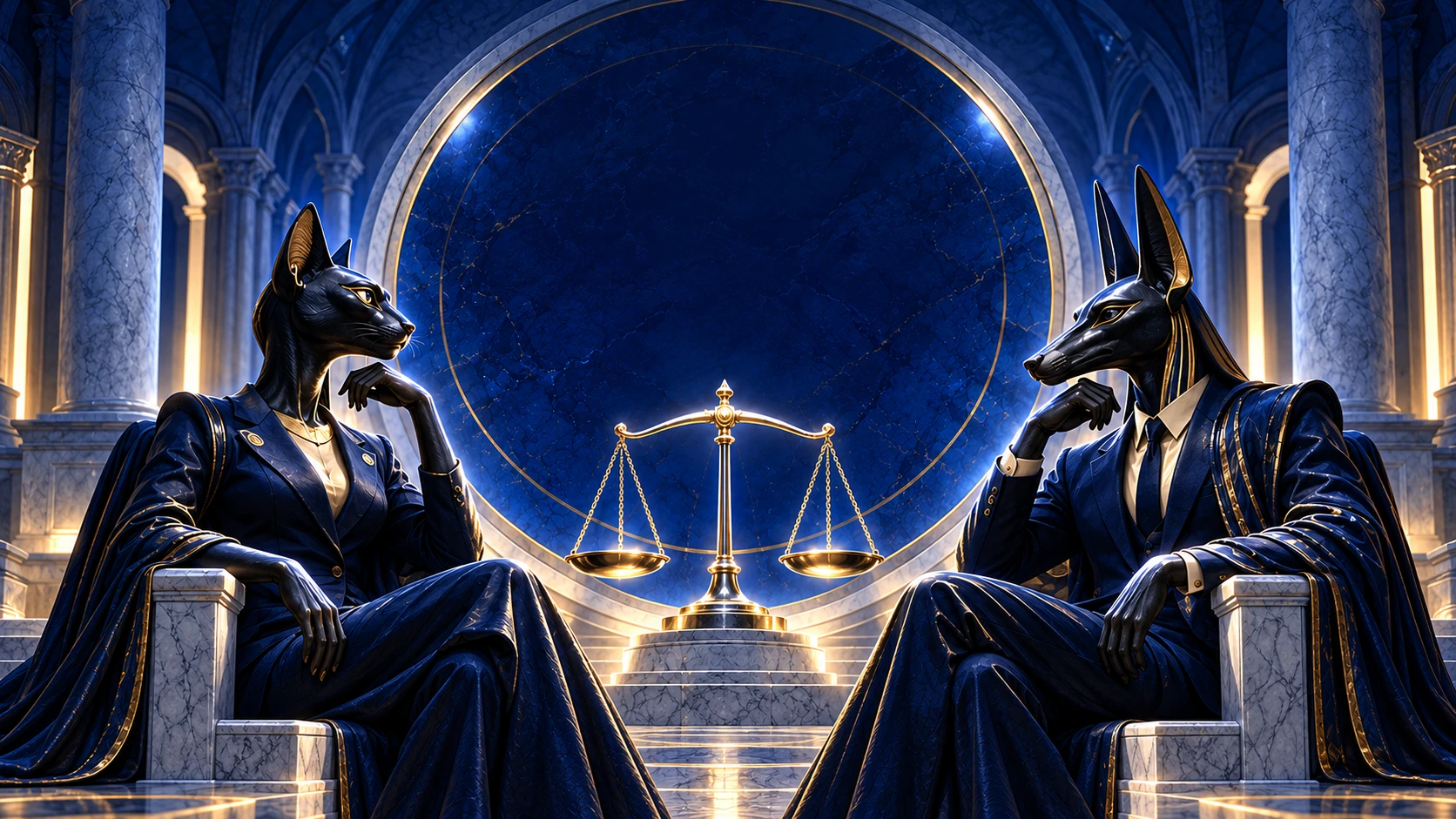 Egyptian guardians beside a balance scale in a blue hall